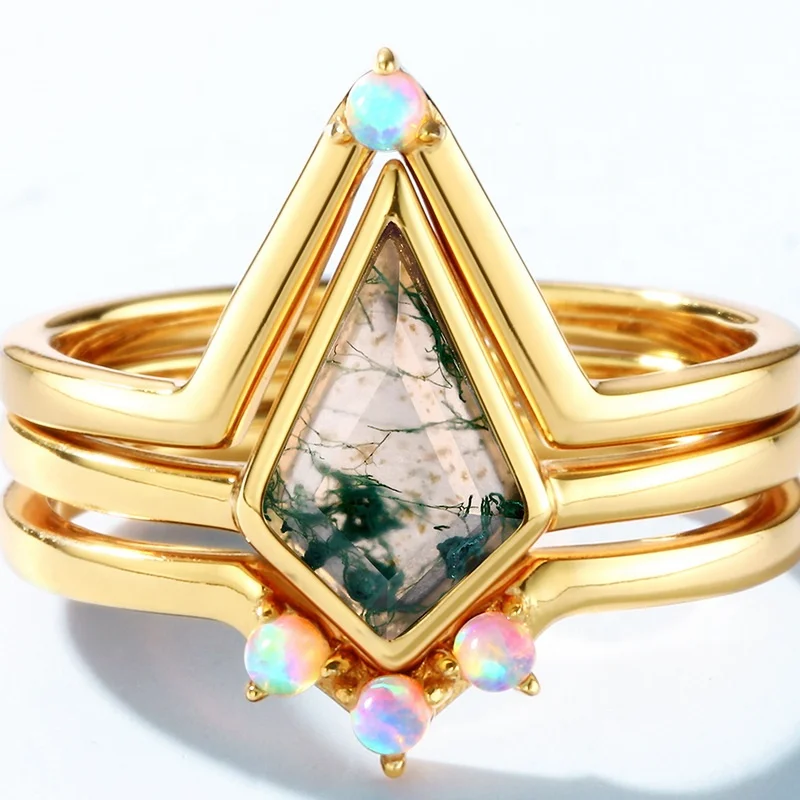 JewelyKing Kite Shape Moss Agate Sterling Silver Ring Simple Gemstone Opal Stackable Ring Green Moss Agate Vintage Ring JKRS0172