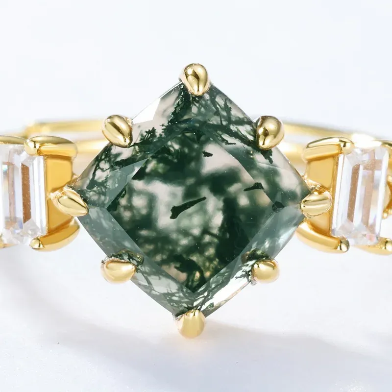 JewelyKing S925 Sterling Silver Oval Green Moss Agate Ring Natural Moss Agate Engagement Rings JKRS0133