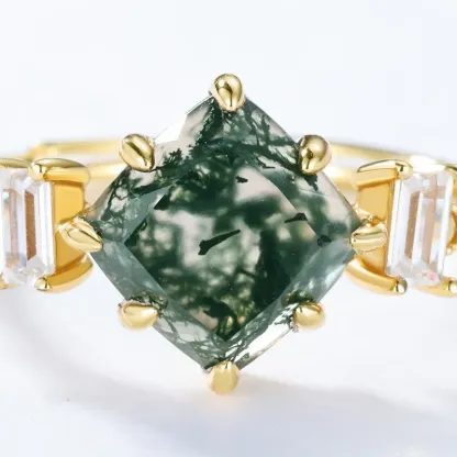 JewelyKing S925 Sterling Silver Oval Green Moss Agate Ring Natural Moss Agate Engagement Rings JKRS0133