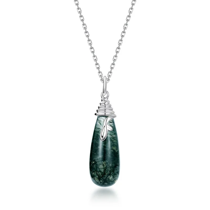 Jewelyking S925 Sterling Silver Green Moss Agate Stone Water Drop Pendant Necklace JKNS0096