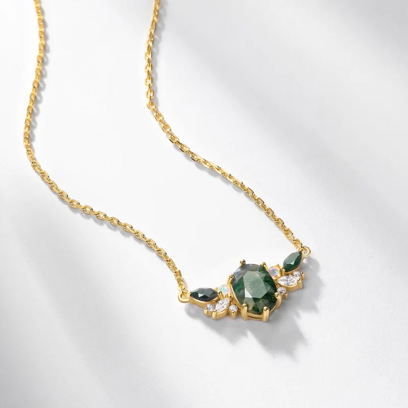 Jewelyking S925 Sterling Silver Cubic Zirconia Gemstone Jewelry Delicate Square Real Moss Agate Pendant Necklace JKNS0087