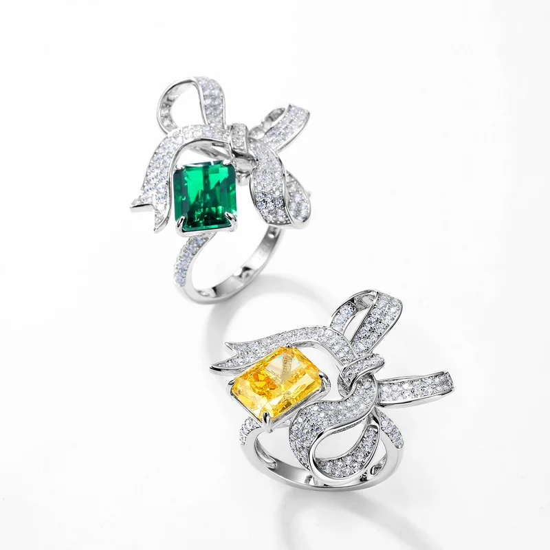 Panyu Custom Lab Emerald Bow Ring in 925 Sterling Silver FIne Jewelry Set