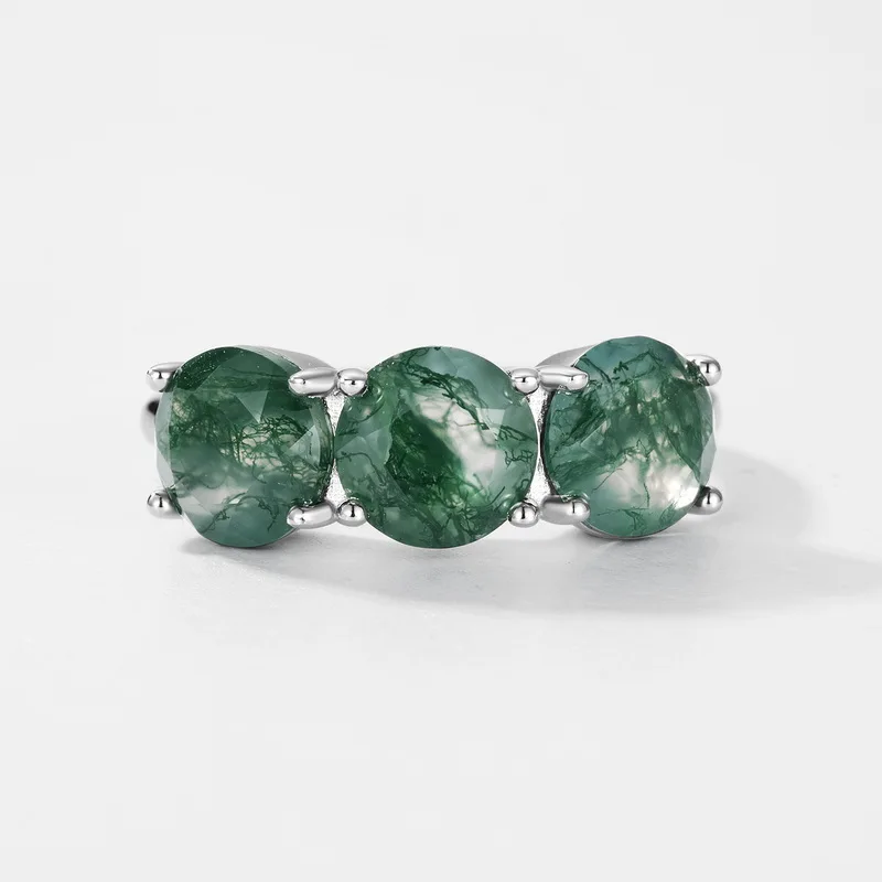 JewelyKing S925 Silver Natural Green Moss Agate Ring Inlaid Zircon Classic Round Cut Three Stone Ring JKRS0197