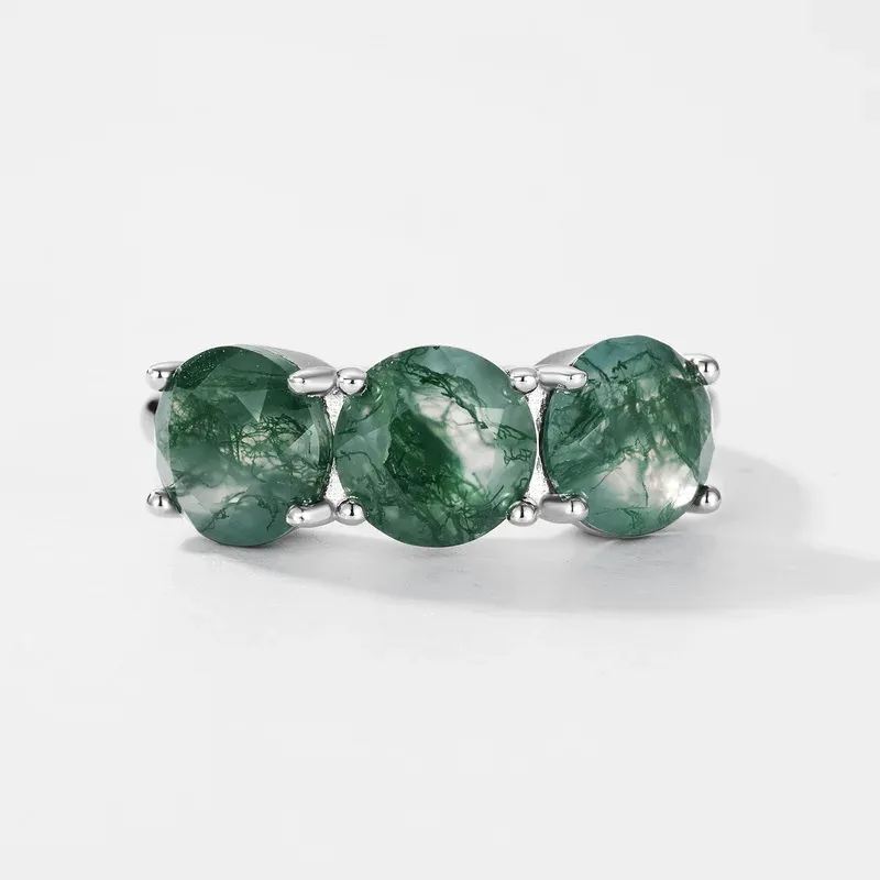 JewelyKing S925 Silver Natural Green Moss Agate Ring Inlaid Zircon Classic Round Cut Three Stone Ring JKRS0197