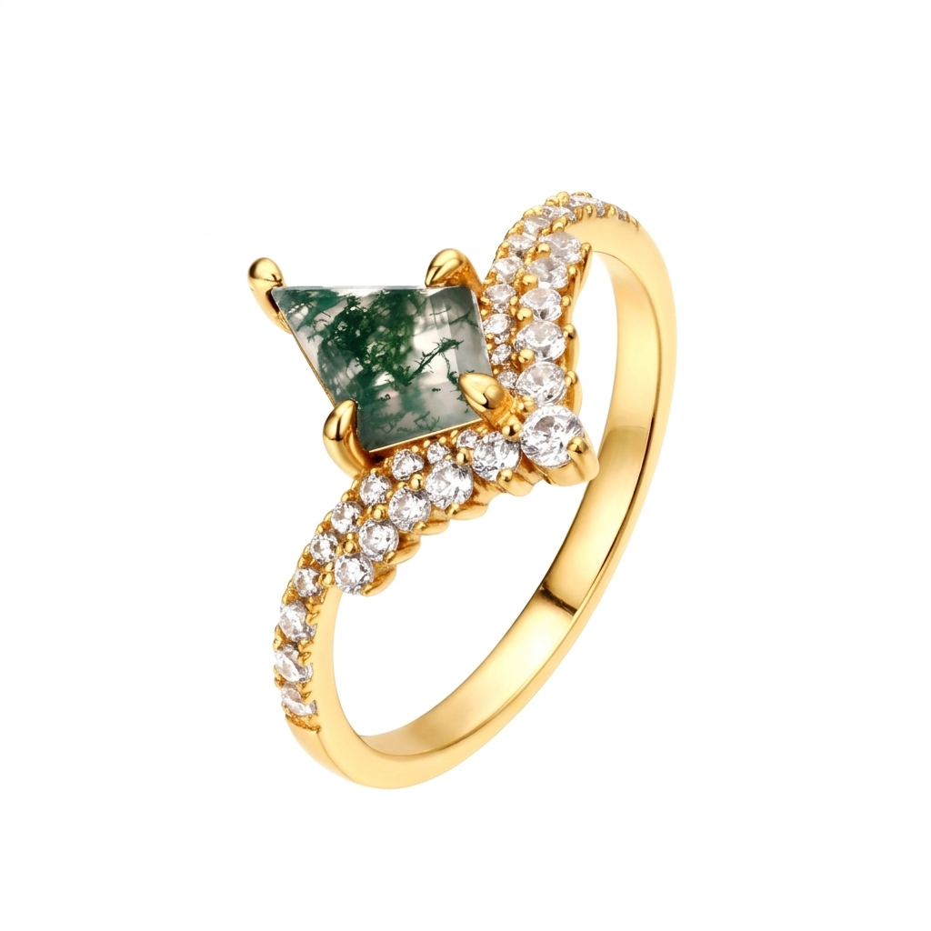 JewelyKing Unique Rose Gold Plated Kite Moss Agate Stone  Vintage Moss Quartz Cz Stack Ring JKRS0235