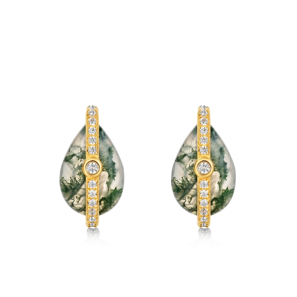 Jewelyking S925 Sterling Silver Elegant Retro Gold Plated Natural Green Moss Agate Earrings JKES0094