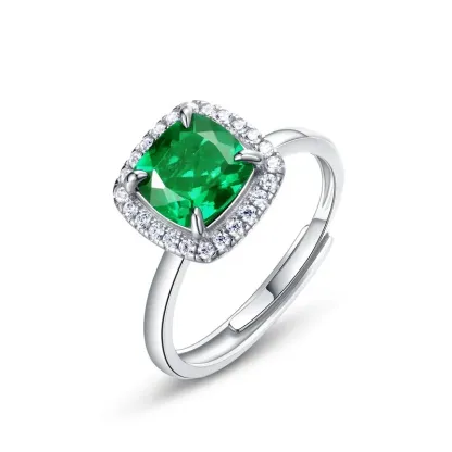 High Quality Jewelry 925 Sterling Silver Emerald Ring Cocktail Square Cut Created Green Emerald Gemstone Ring for Women