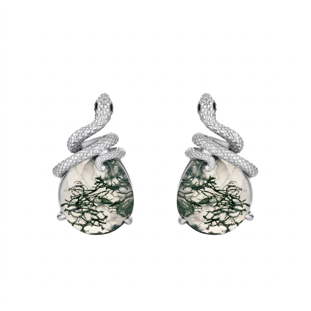 Jewelyking S925 Sterling Silver Plated Snake Moss Agate Elegant Anniversary Engagement Stud Earrings JKES0098