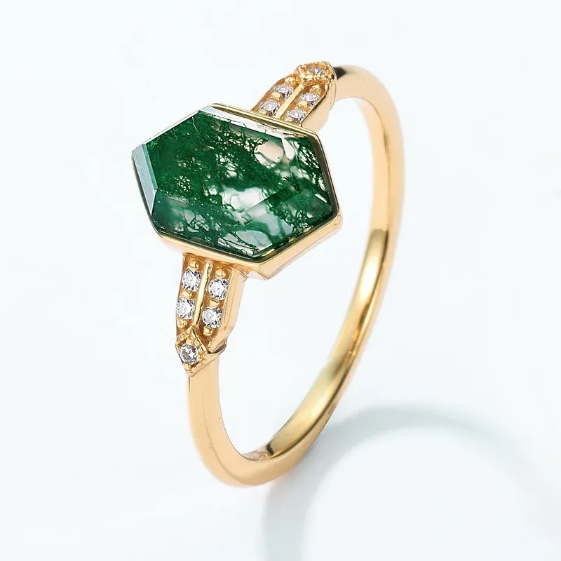 JewelyKing S925 Sterling Silver Moss Agate 14K Gold Plated Vintage Geometric Stackable Engagement Promise Ring JKRS0167