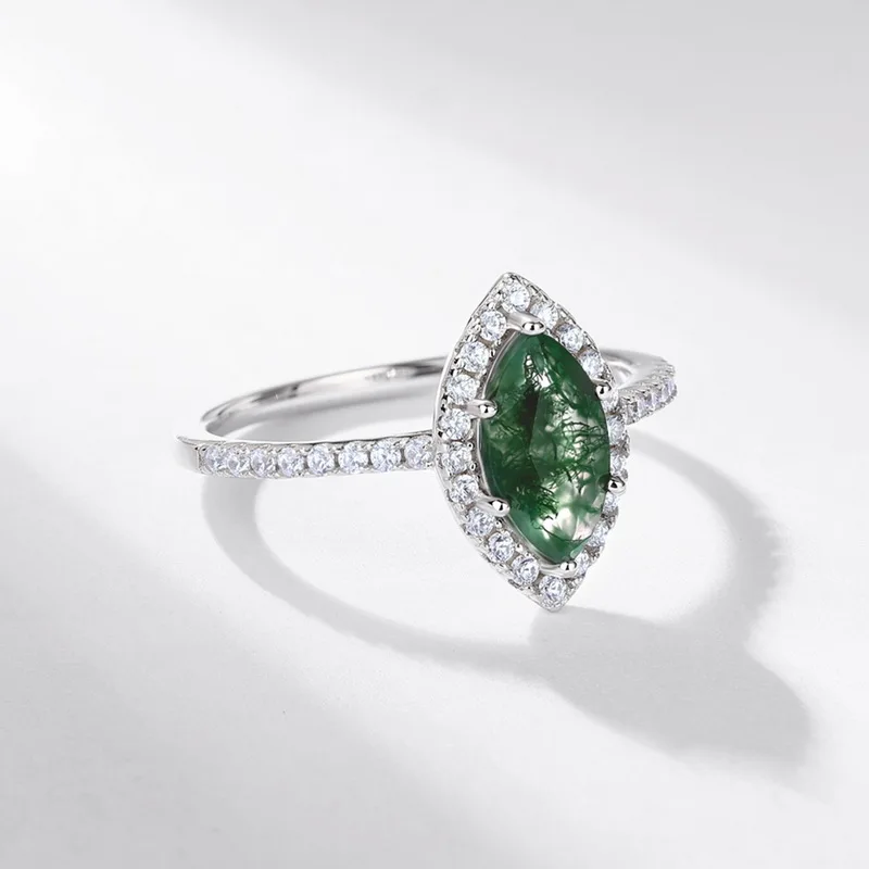 JewelyKing S925 Silver Retro Gemstone Natural Green Moss Agate Ring JKRS0245
