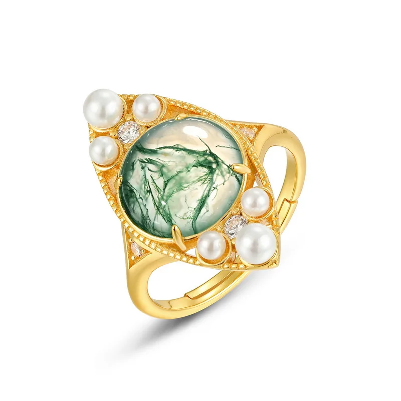 JewelyKing S925 Sterling Silver Vintage Natural Green Moss Agate Pearl Fancy Gold Ring JKRS0191