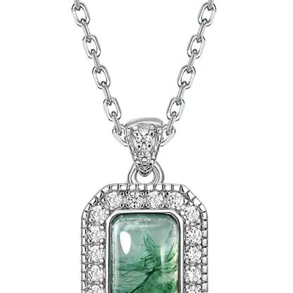 Jewelyking S925 Sterling Silver Emerald Cut Green Agate Moss Pendant Necklace JKNS0094
