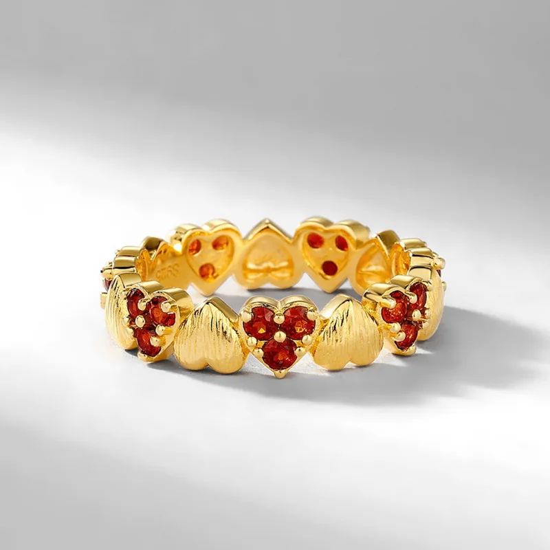 Jewelyking S925 Sterling Silver Italian Brushed Red Garnet Heart Ring  14K Gold Plated Light Luxury Retro Jewelry JKRS0105