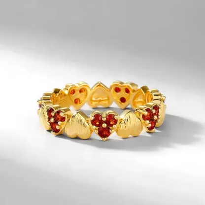 Jewelyking S925 Sterling Silver Italian Brushed Red Garnet Heart Ring  14K Gold Plated Light Luxury Retro Jewelry JKRS0105