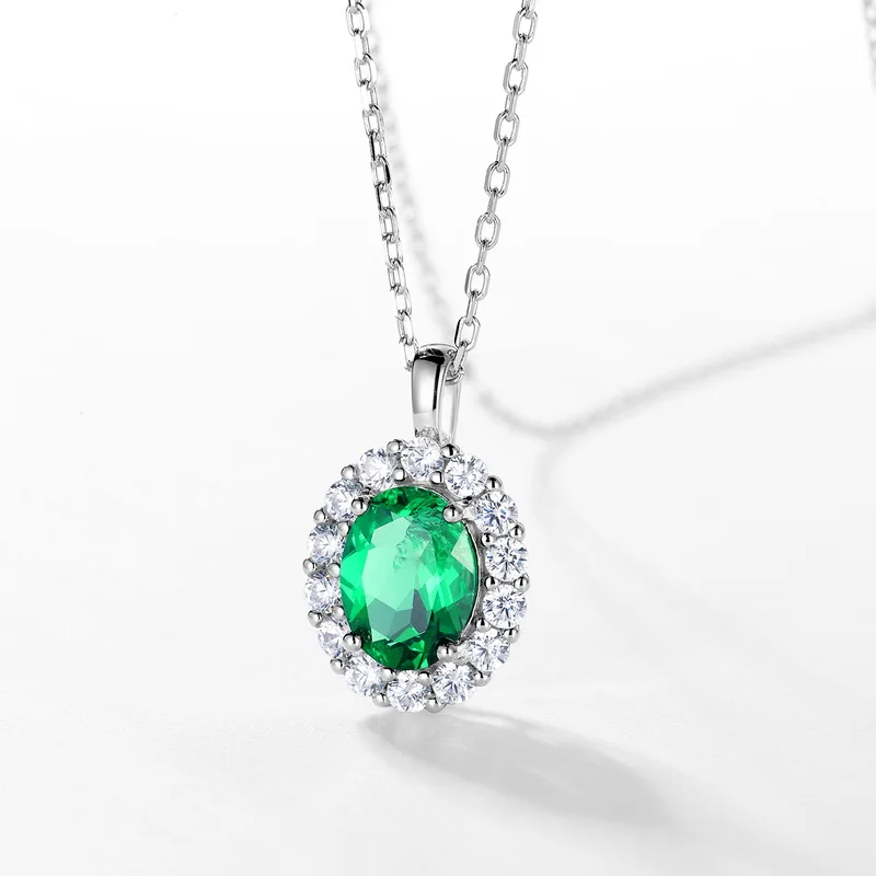 S925 Sterling Silver Lab Created Emerald Pendant Necklace for Women Retro European and American Style Jewelry