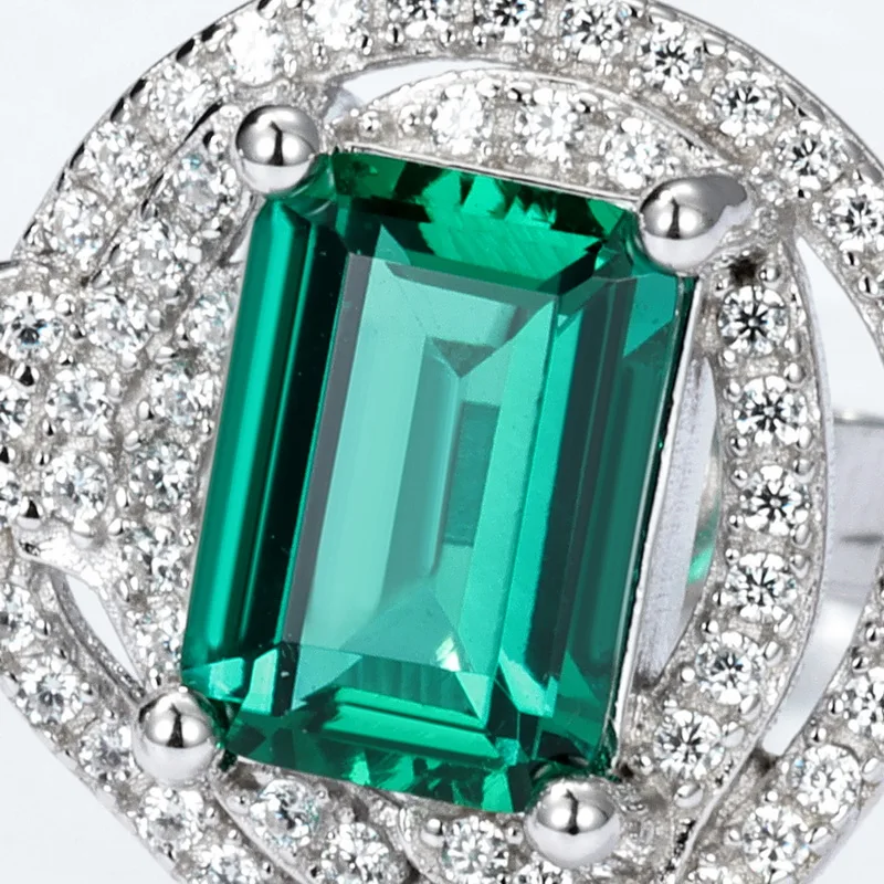 S925 Sterling Silver Emerald Cut Lab Grown Emerald Double Halo Stud Earrings for Women
