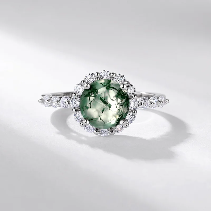 JewelyKing S925 Sterling Silver Round Green Moss Agate Halo Twisted Shank CZ Accent Vintage Nature Inspired Engagement Ring JKRS0192