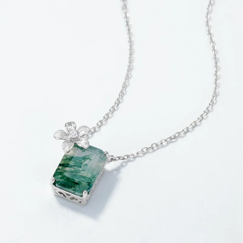 JewelyKing S925 Sterling Silver Green Moss Agate  Flower Accent Rectangular Cut Gemstone Dainty Chain Necklace JKNS0027