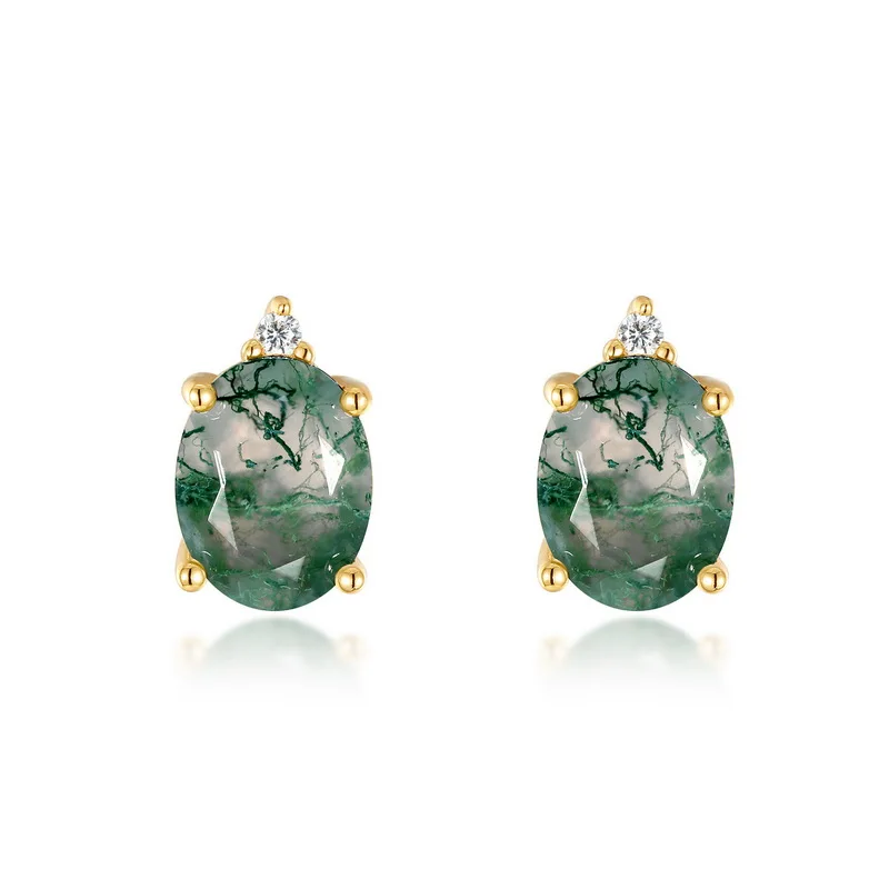 Jewelyking S925 Gemstone Green Moss Agate Natural Stone Stud Earrings JKES0072