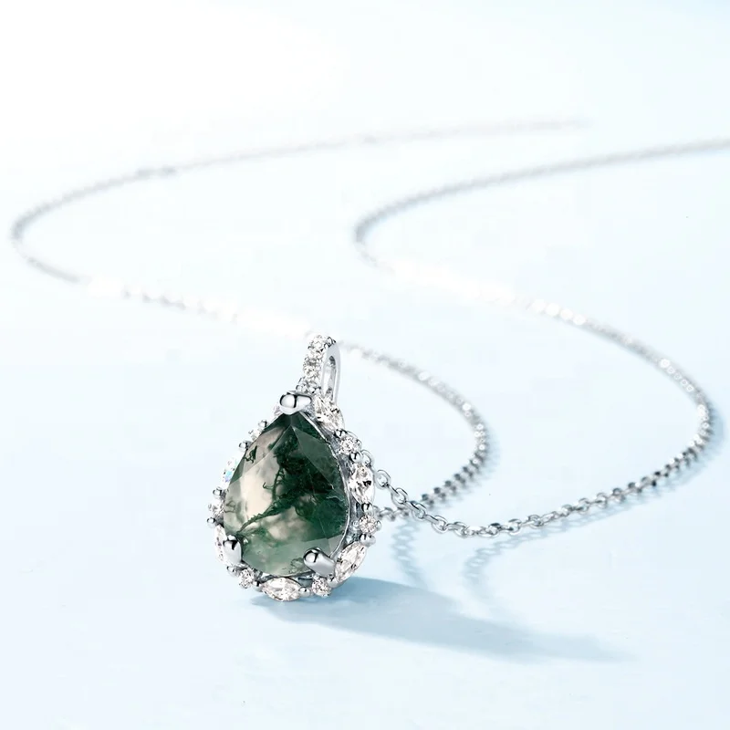 Jewelyking S925 Silver Natural Green Moss Agate Gemstone Pear Shape Pendant Necklace JKNS0109