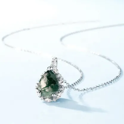 Jewelyking S925 Silver Natural Green Moss Agate Gemstone Pear Shape Pendant Necklace JKNS0109