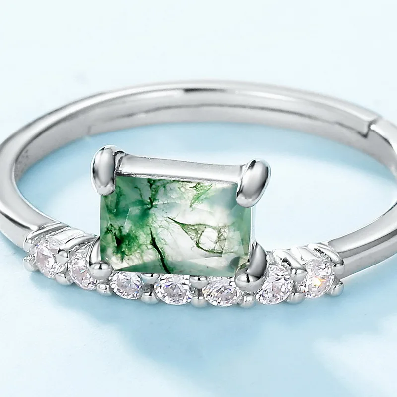 Jewelyking S925 Sterling Silver Square Moss Agate Cubic Zirconia Ring JKES0110
