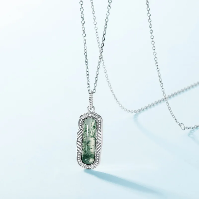Jewelyking S925 Silver Moss Agate Green Agate Gemstone Jewelry Rhodium Plated  Pendant Necklace JKNS0093
