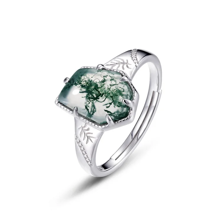 JewelyKing S925 Sterling Silver  Geometric Shape Green Moss Agate Rings JKRS0221