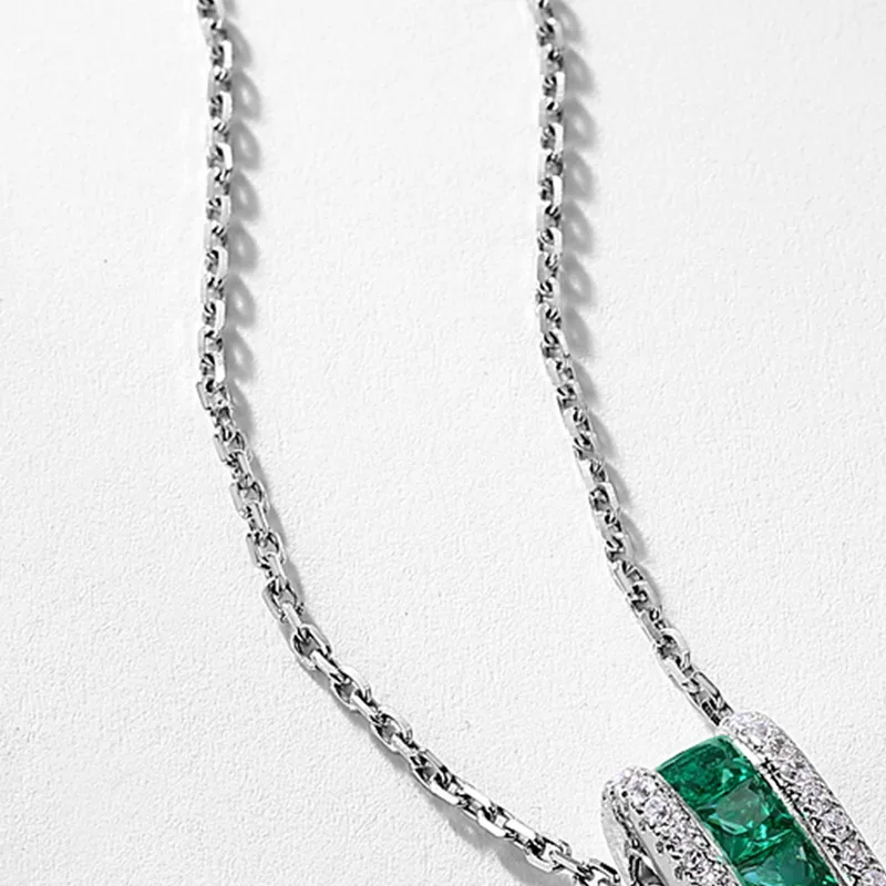 S925 Sterling Silver Princess Cut Lab Grown Emerald Vertical Bar Pendant Necklace