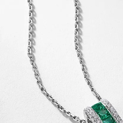 S925 Sterling Silver Princess Cut Lab Grown Emerald Vertical Bar Pendant Necklace