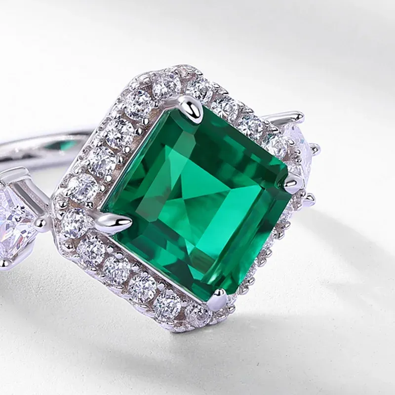 Panyu Custom Synthetic Lab Emerald Ring Women S925 Full Colored Diamonds Retro Finger Ring