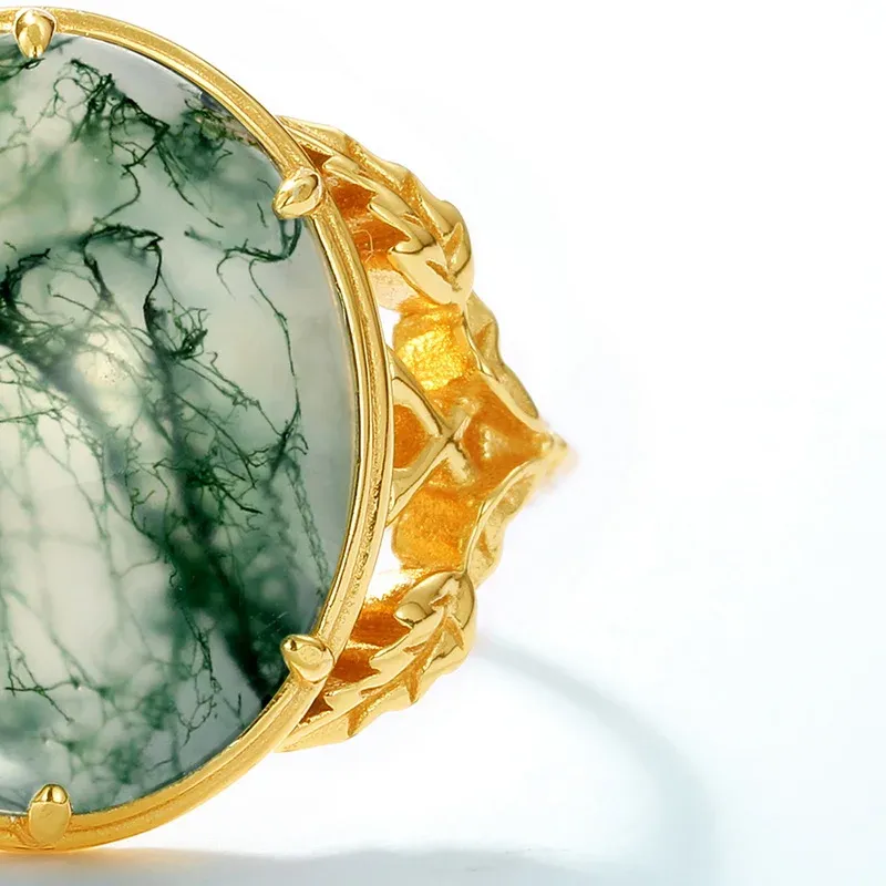 JewelyKing S925 Sterling Silver Natural Green Gemstone Diamond Moss Agate Ring JKRS0215