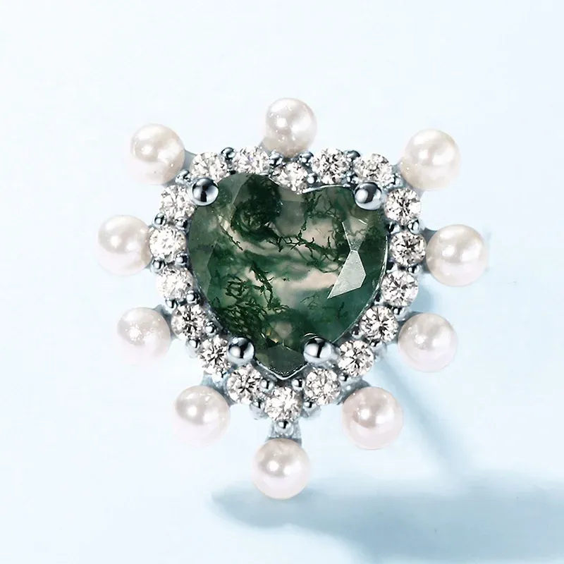 Jewelyking Dainty Real Silver Gemstone Bling Zircon Cute Heart Shape Moss Agate Stud Earrings JKES0080