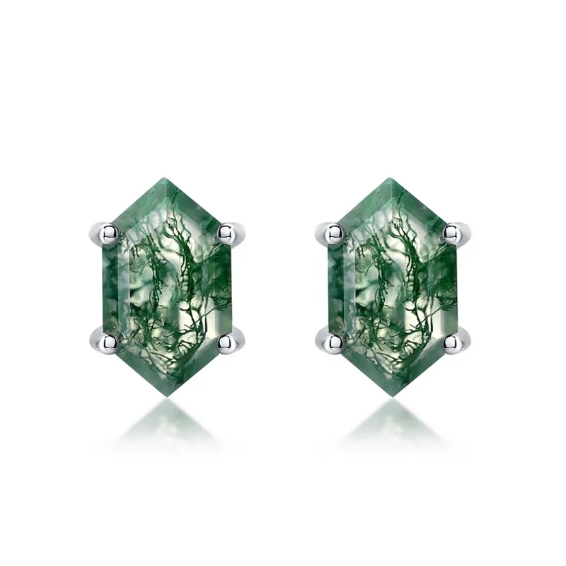 JewelyKing S925 Sterling Silver Green Moss Agate Hexagon Cut Natural Gemstone Minimalist Stud Earrings JKES0009
