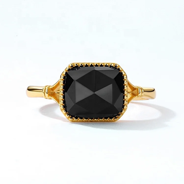 JewelyKing S925 Silver Simple Gold Plating Natural Stone Black Agate Ring JKRS0282