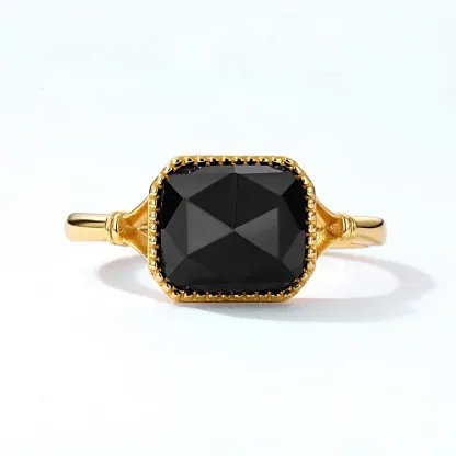 JewelyKing S925 Silver Simple Gold Plating Natural Stone Black Agate Ring JKRS0282