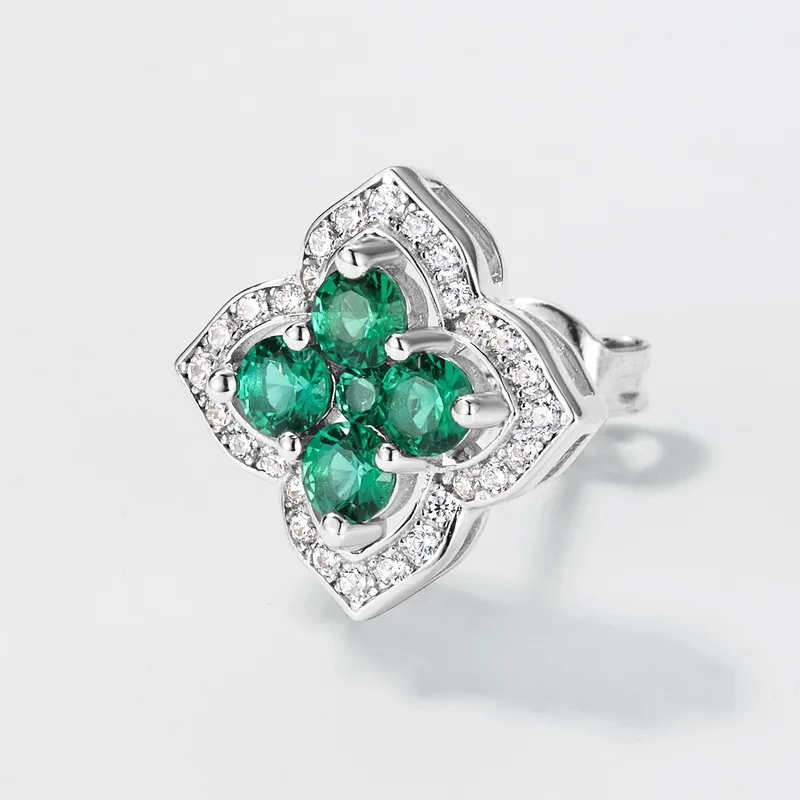 Silver Sterling S925 Earring  Premium Design Four Leaf Clover Flower Lab Grown Emerald Ear Stud