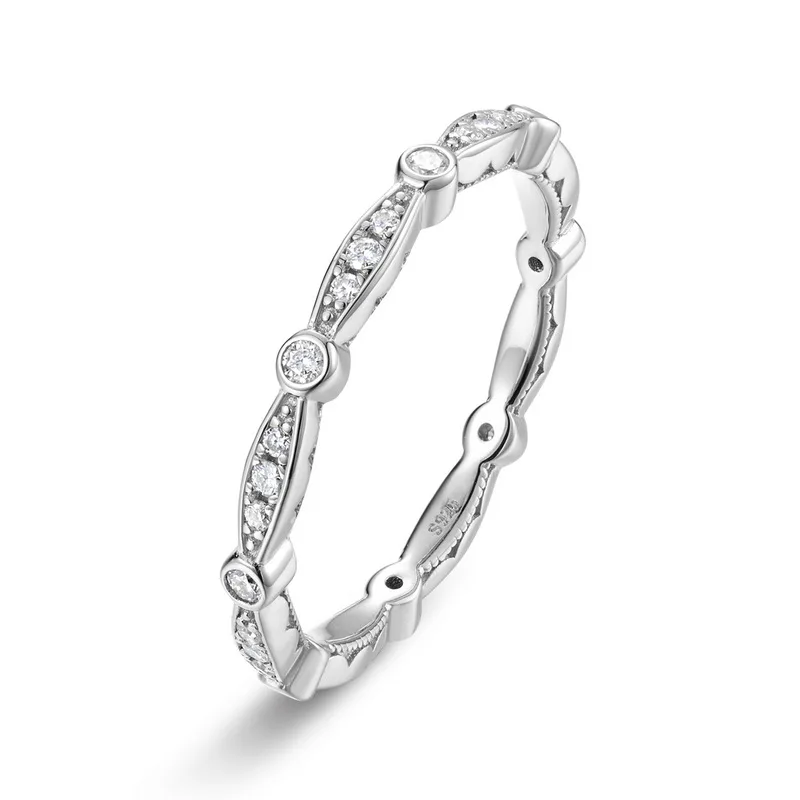 JewelyKing S925 Sterling Silver Moissanite Stackable Eternity Band Vintage Bezel Pave Design Stacking Ring JKRS0015