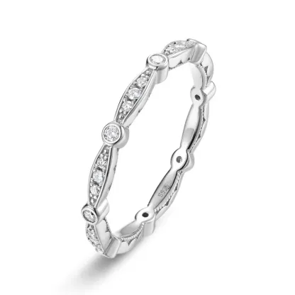 JewelyKing S925 Sterling Silver Moissanite Stackable Eternity Band Vintage Bezel Pave Design Stacking Ring JKRS0015