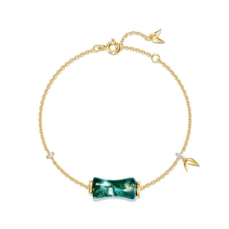 Jewelyking S925 Sterling Silver Green Moss Agate Gold Plated Bamboo Barrel Bead CZ Accent Adjustable Chain Bracelet JKBS0039