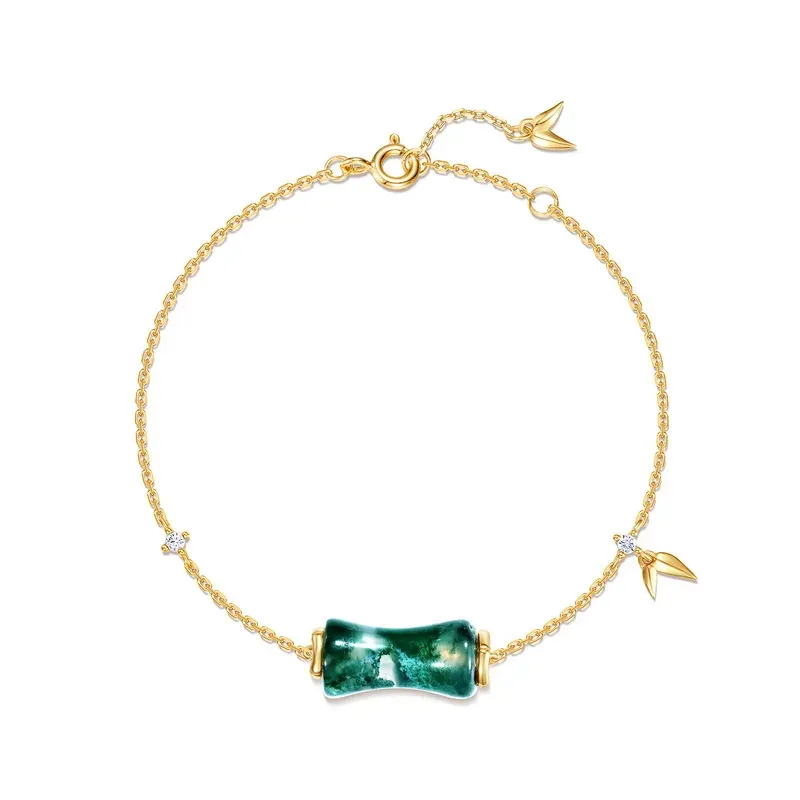 Jewelyking S925 Sterling Silver Green Moss Agate Gold Plated Bamboo Barrel Bead CZ Accent Adjustable Chain Bracelet JKBS0039