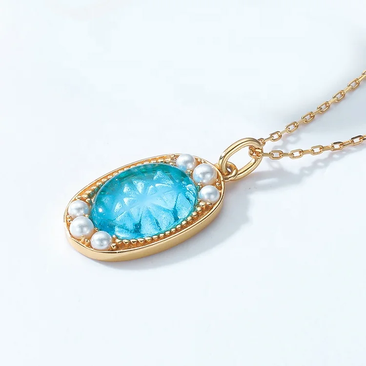 JewelyKing S925 Sterling Silver Vintage Ladies Gold Plated Synthetic Blue Crystal Pendant JKNS0189