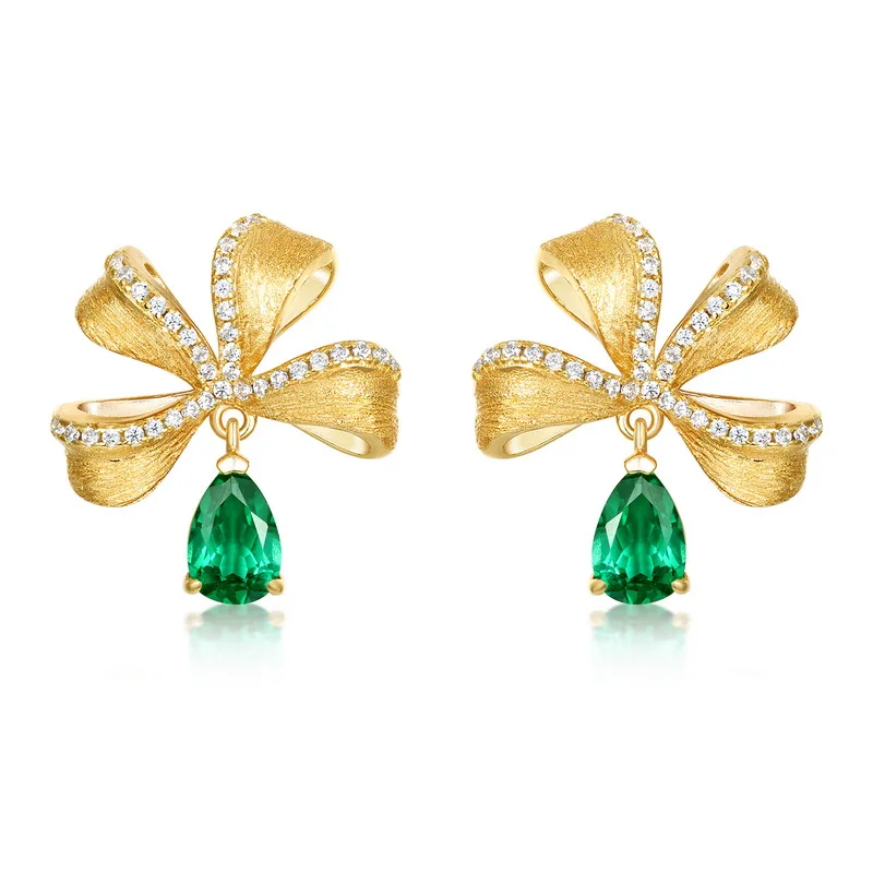 Christmas Zircon Bow Lab Grown Emerald Gemstone Stud Earrings Silver 18K Yellow Gold Xmas Earrings