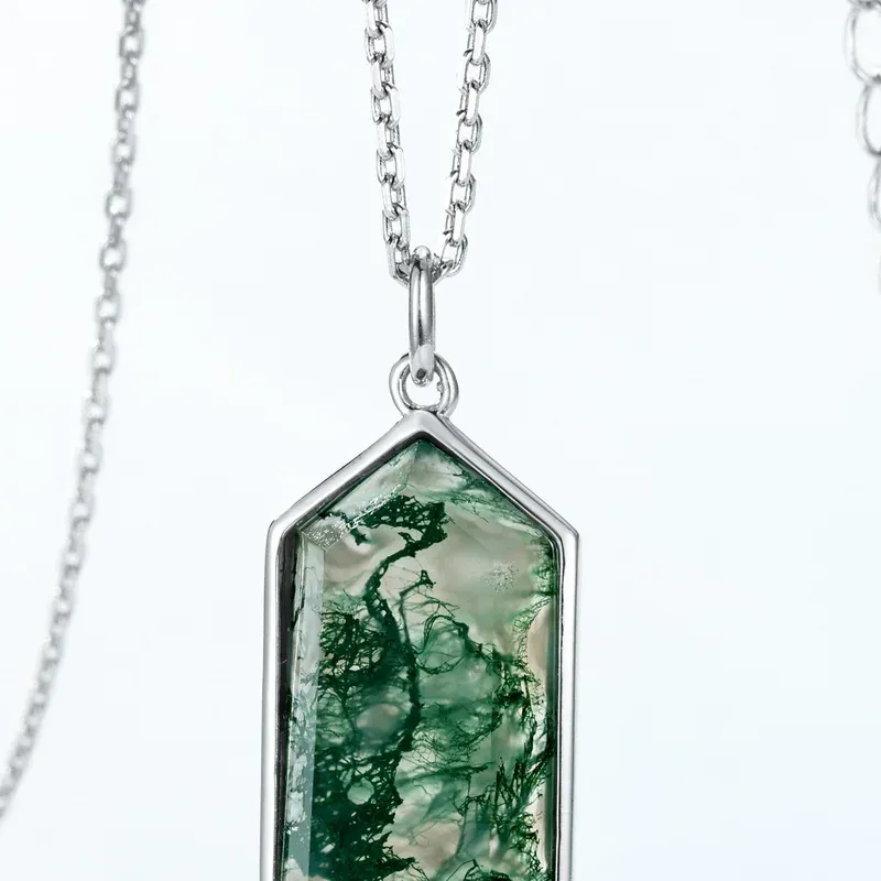 Jewelyking S925 Green Moss Agate  Silver Gold Plating Natural Stone Gemstone Pendant Necklace JKNS0112