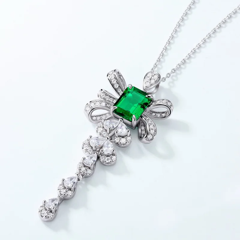 JewelyKing S925 Sterling Silver Laboratory Created Emerald Cut Ruby Sapphire Ice Crystal Pendant Necklace JKNS0179