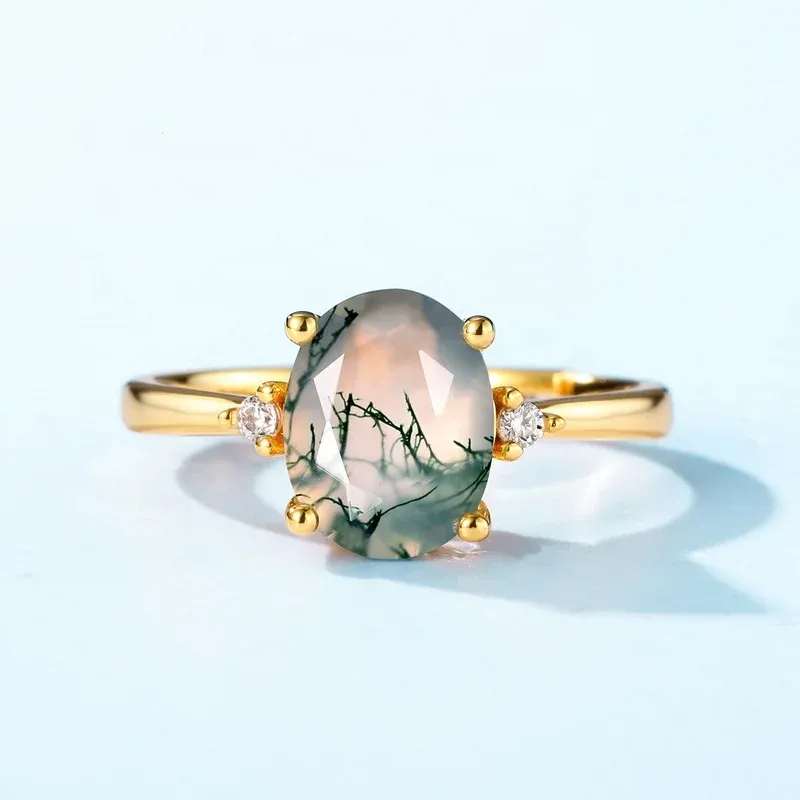 JewelyKing S925 Sterling Silver Green Crystal Adjustable Size Oval Natural Green Moss Agate Engagement Ring JKRS0233
