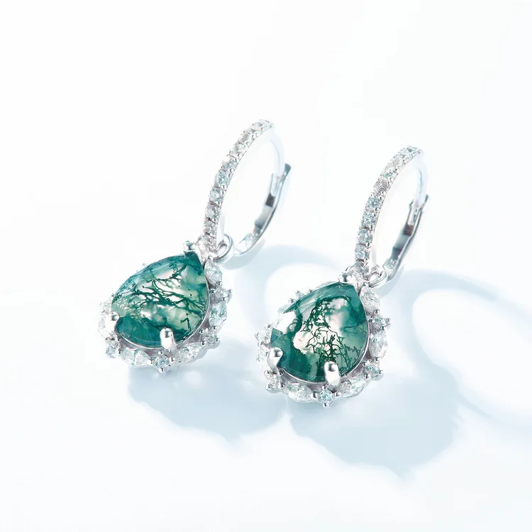 Jewelyking S925 Sterling Silver Clear Cubic Zirconia Huggie Hoop Pear Shaped Green Moss Agate Teardrops Dangle Earrings JKES0079