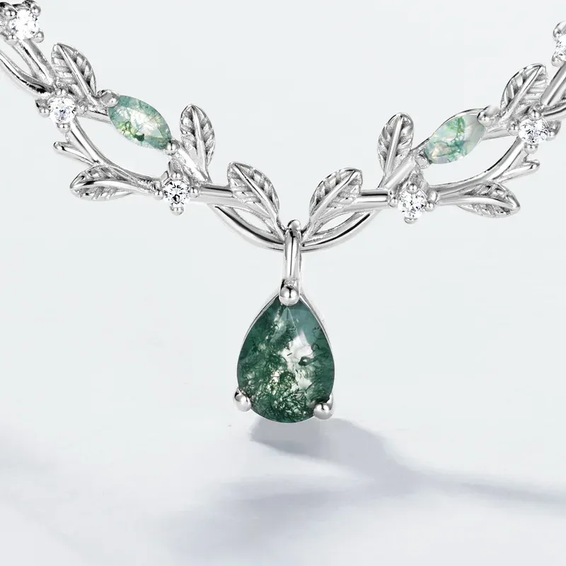 JewelyKing Moss Agate S925 Sterling Silver Necklace Pendant Teardrop Vine Branch JKNS0015
