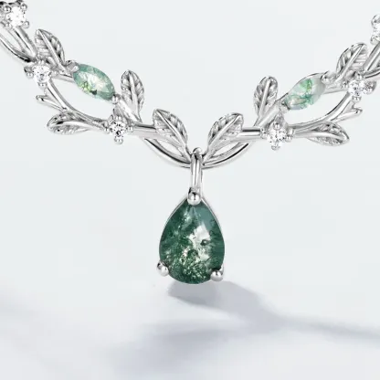 JewelyKing Moss Agate S925 Sterling Silver Necklace Pendant Teardrop Vine Branch JKNS0015