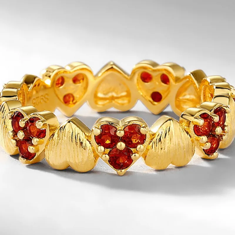 Jewelyking S925 Sterling Silver Italian Brushed Red Garnet Heart Ring  14K Gold Plated Light Luxury Retro Jewelry JKRS0105